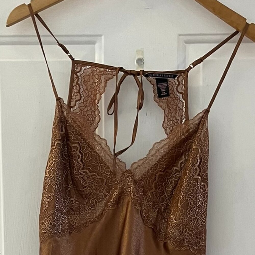 Victoria's Secret Brown Melic Satin Floral Lace Night Gown/Slip Dress Sz Lr - Picture 7 of 7